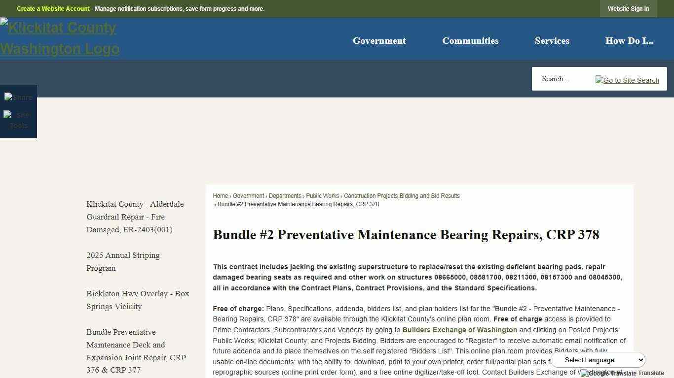 Bundle #2 Preventative Maintenance Bearing Repairs, CRP 378 Klickitat County, WA