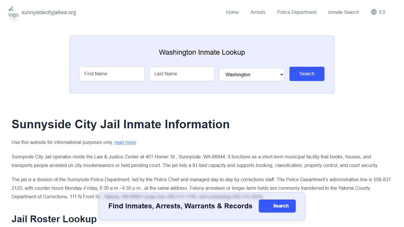 Sunnyside Jail, WA Inmate Roster, Municipal Jail Info
